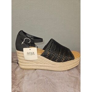 ana A New Approach Lisa Black Woven Espadrille Wedge Sandals Womens 11M New